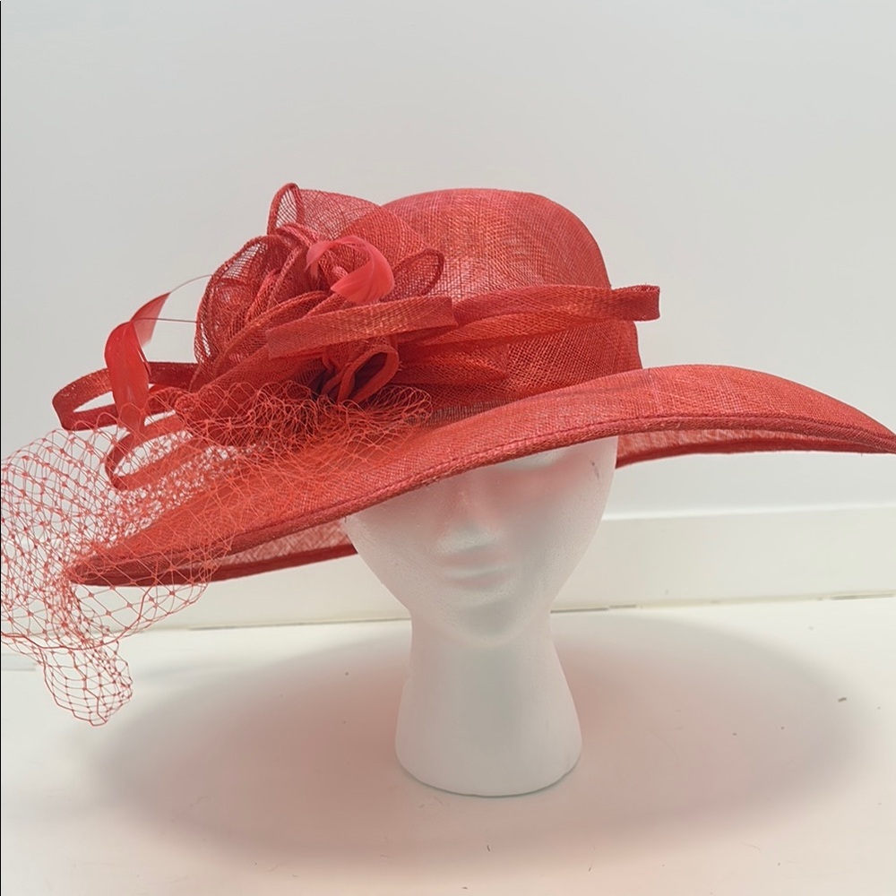 Elegant Coral Wide-Brim Fascinator Hat